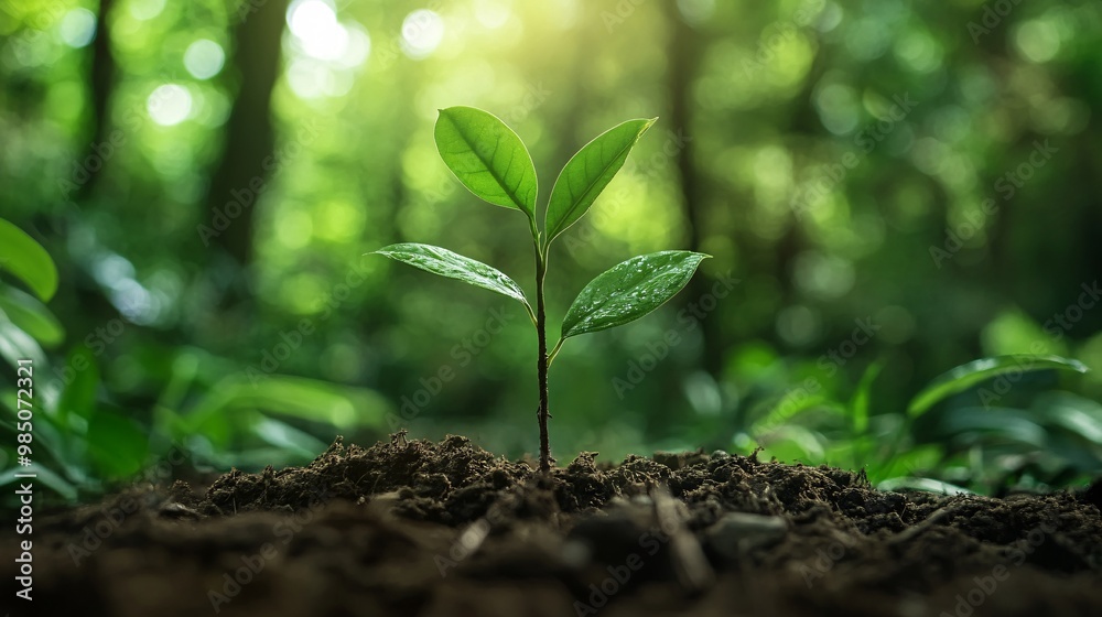 A Small Green Sprout Growing in Rich Soil with a Blurred Green Background A Small Green Sprout Growing in Rich Soil with a Blurred Green Background