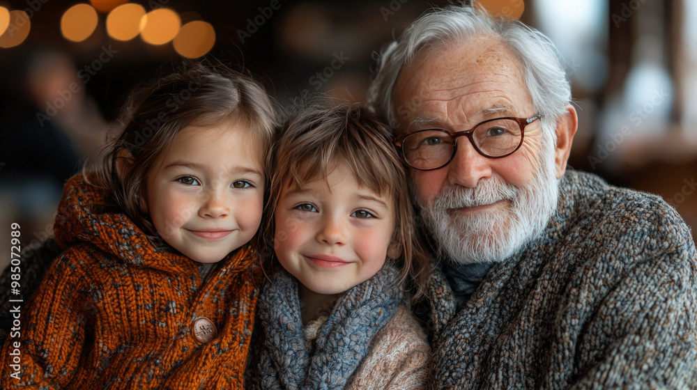 Grandfather and granddaughters in warm knitted sweaters Grandfather and granddaughters in warm knitted sweaters