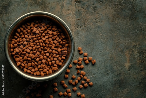 Nutritious pet food spills from metal bowl.