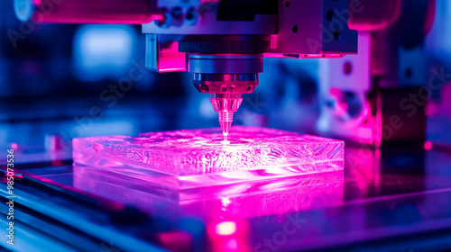Futuristic CNC router in operation, sculpting a 3D abstract design from clear acrylic with laser precision and sharp details, illuminated by glowing lights on the machine.