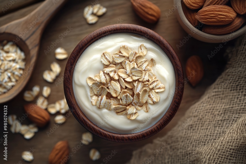 Overhead view of yogurt oats and nuts on brown background. Overhead view of yogurt oats and nuts on brown background.