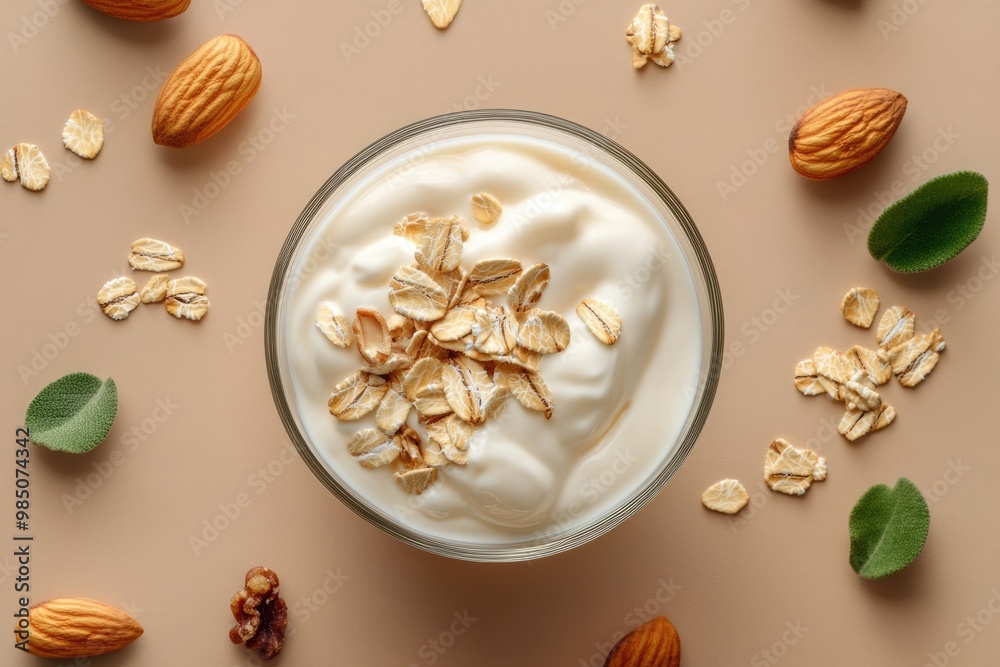 Overhead view of yogurt oats and nuts on brown background. Overhead view of yogurt oats and nuts on brown background.