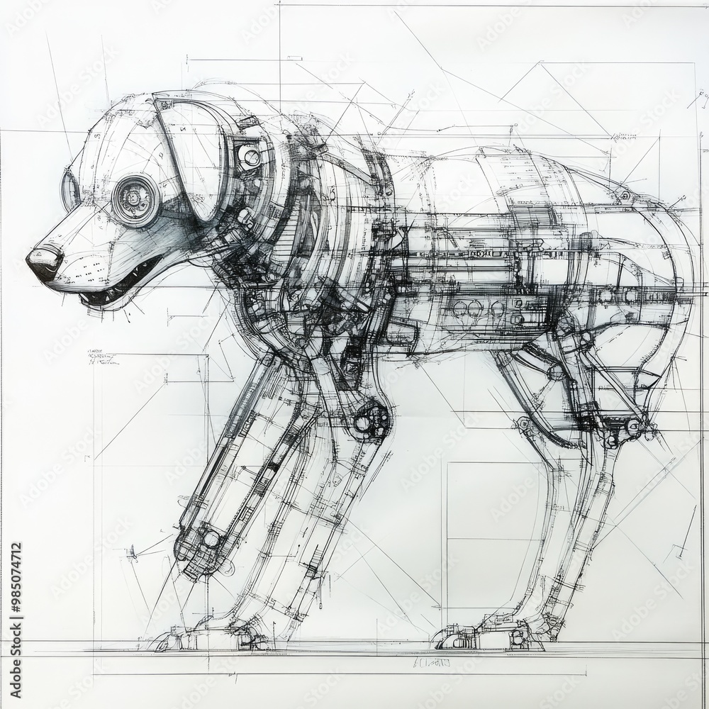 Obraz premium Detailed line drawing of a robotic dog with exposed mechanical components.