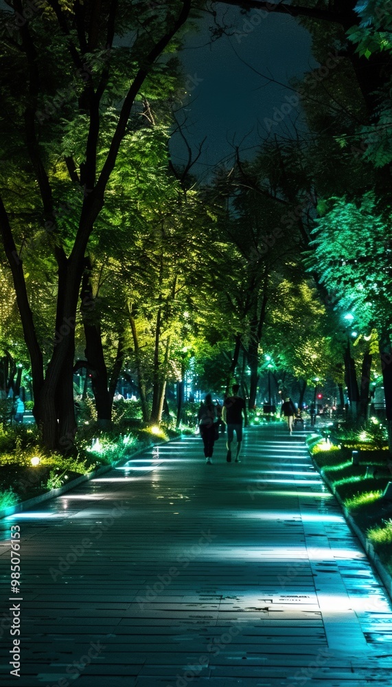 Urban Park at Night with Solar Powered LED Lights Creating a Safe and Eco-Friendly Evening Environment Urban Park at Night with Solar Powered LED Lights Creating a Safe and Eco-Friendly Evening Environment