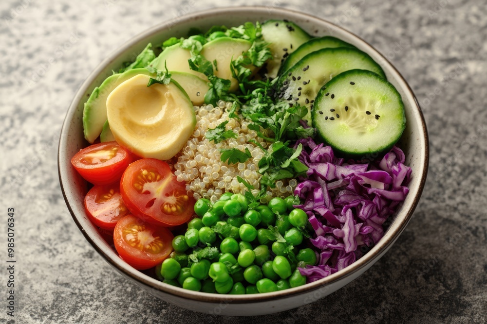 Nutritious vegan lunch bowl with avocado quinoa and vegetables. Nutritious vegan lunch bowl with avocado quinoa and vegetables.