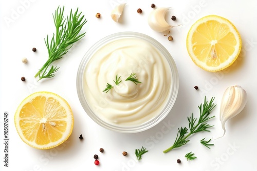 Homemade mayonnaise and mayonnaise ingredients isolated on a white background. Top view.