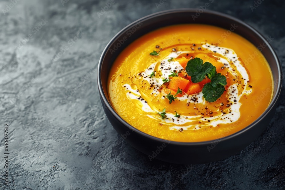 Pumpkin and carrot soup with cream on grey stone background. Close up. Top view. Pumpkin and carrot soup with cream on grey stone background. Close up. Top view.