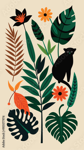 Flowers and leaves. Vector illustrations of fern, bird of paradise, black panther, palm leaf and other tropical plants for background, pattern or poster