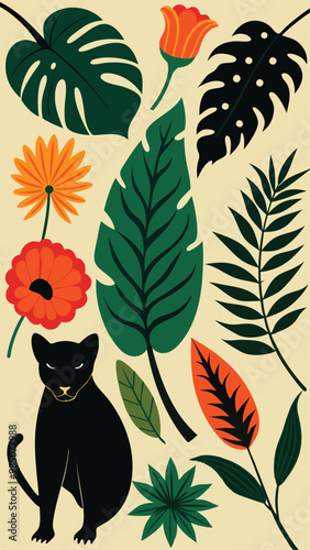 Flowers and leaves. Vector illustrations of fern, bird of paradise, black panther, palm leaf and other tropical plants for background, pattern or poster