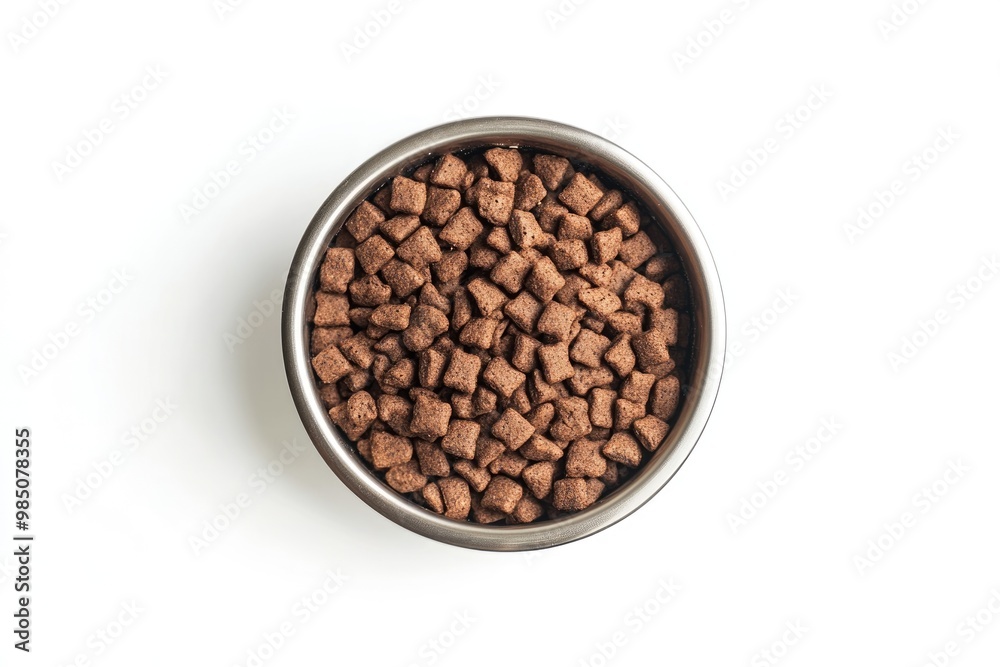 Top view of brown kibble in metal bowl on white background Top view of brown kibble in metal bowl on white background