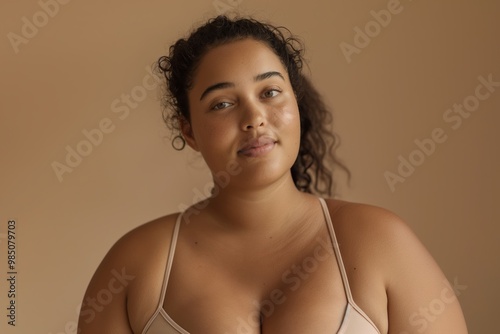 Beautiful young plus sized body positive curvy female model isolated on neutural beige background, magazine studio shoot style. Confident healthy woman posing for portrait