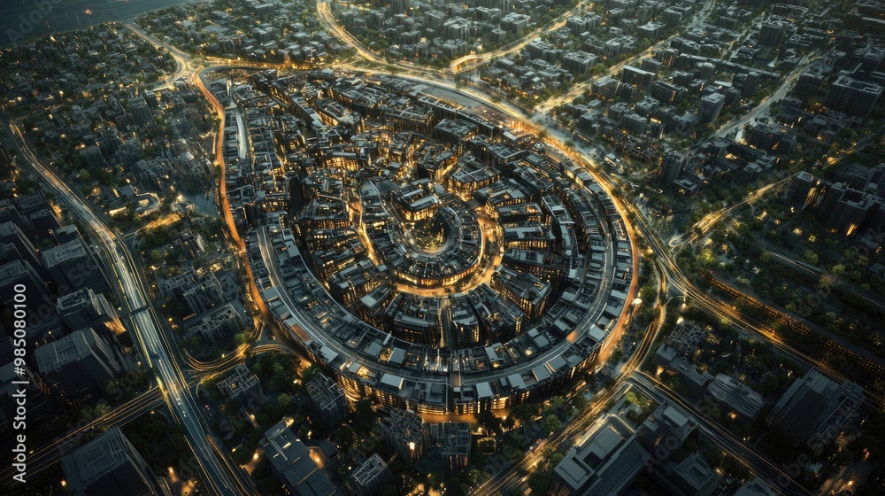 Aerial view of a futuristic city with glowing buildings at night. Aerial view of a futuristic city with glowing buildings at night.