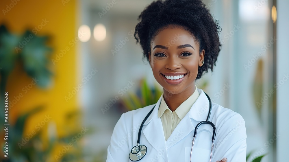A confident doctor smiles warmly, ready to care for her patients. . A confident doctor smiles warmly, ready to care for her patients. .