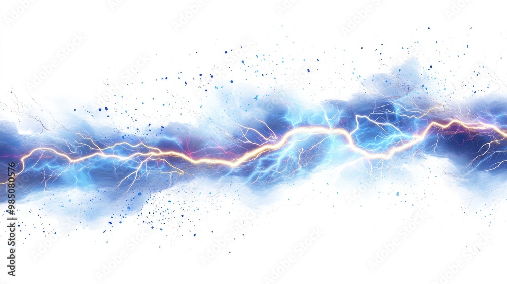 Lightning bolt with branching fingers inside blue cloud. Scary massive powerful strike isolated on white background Lightning bolt with branching fingers inside blue cloud. Scary massive powerful strike isolated on white background