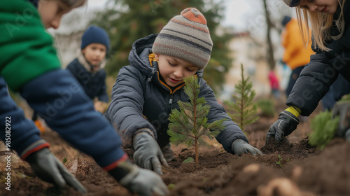 group of children , volunteers planting trees in the forest as an environmental protection project , learning growth, ecology and sustainability for outdoor community enviroment on Earth