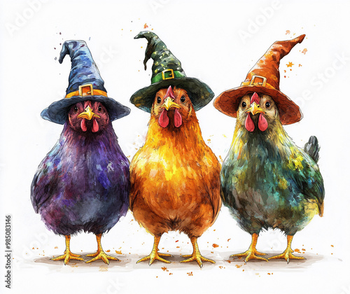 three chickens wearing halloween hats in watercolor style