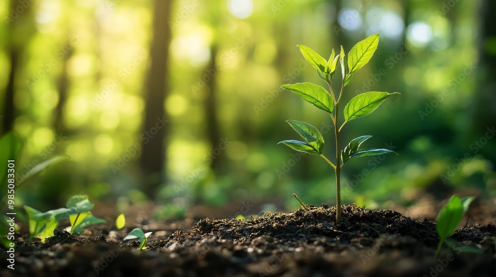 A Young Sapling Emerging From Rich Soil in a Sunlit Forest A Young Sapling Emerging From Rich Soil in a Sunlit Forest