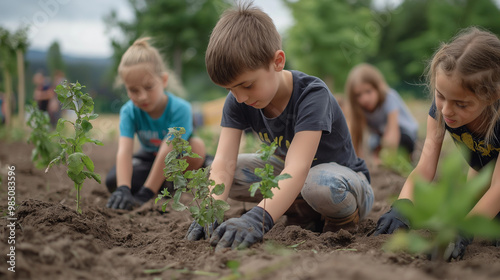 group of children , volunteers planting trees in the forest as an environmental protection project , learning growth, ecology and sustainability for outdoor community enviroment on Earth