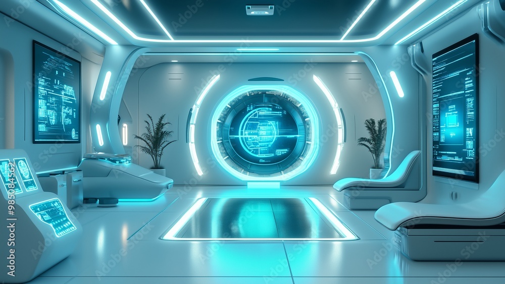 Futuristic High-Tech Spa with Neon Blue Lighting and Modern Aesthetic Generative AI Futuristic High-Tech Spa with Neon Blue Lighting and Modern Aesthetic Generative AI