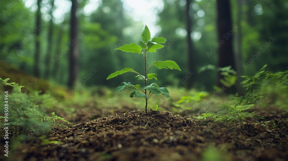 A Young Sapling Sprouting in a Lush Forest A Young Sapling Sprouting in a Lush Forest