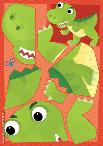 Wallpaper Mural cartoon scene with character puzzle cutout educational exercise manual work with scissors animal dinosaurus dino tyrannosaurus trex illustration for kids cutout Torontodigital.ca