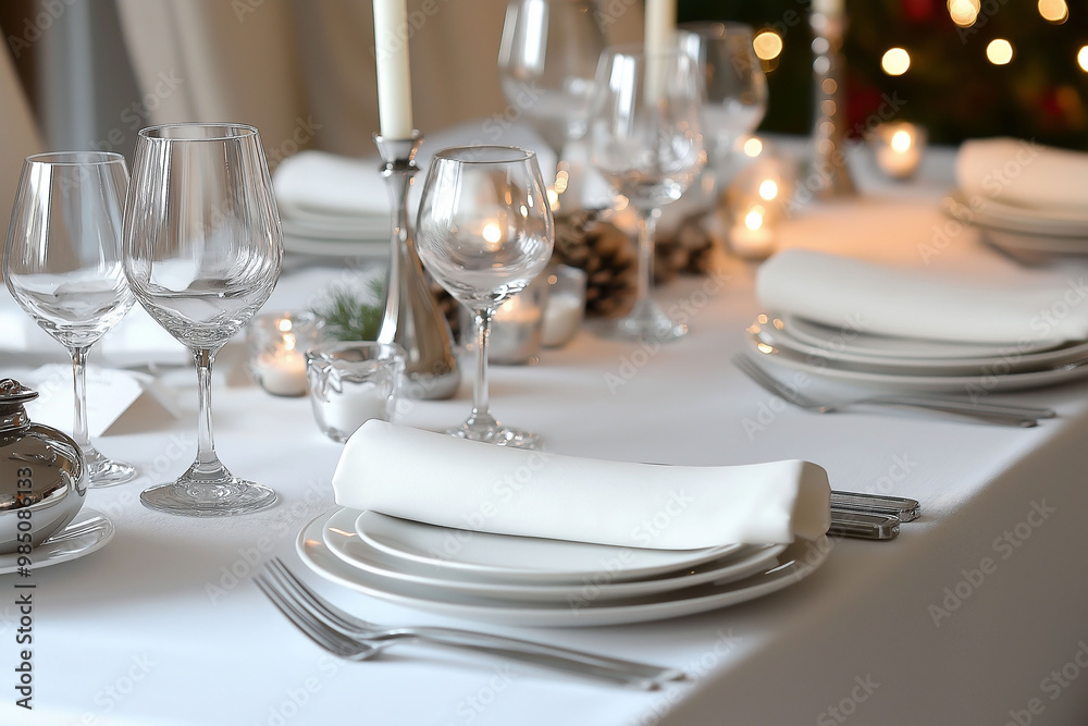 Elegant, white, festive, table, setting, with candles and glassware for a party, copy space, laid, table, served, party, white, festive table concept Elegant, white, festive, table, setting, with candles and glassware for a party, copy space, laid, table, served, party, white, festive table concept