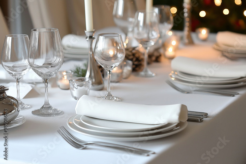 Elegant, white, festive, table, setting, with candles and glassware for a party, copy space, laid, table, served, party, white, festive table concept