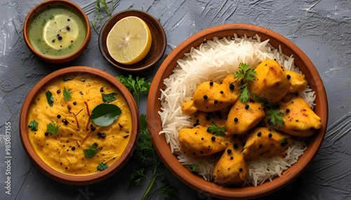 Spiced chicken dhum biriyani with jeera rice served in earthen ware, accompanied by fresh raitha and tangy lemon pickle on a subtle grey backdrop. photo