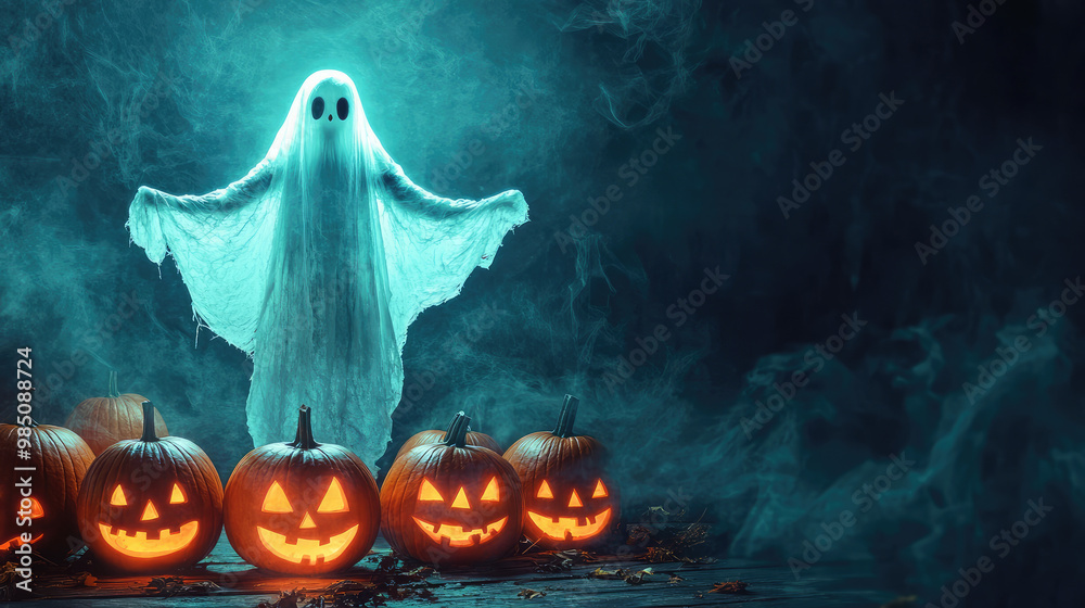 A ghost stands in front of a group of pumpkins