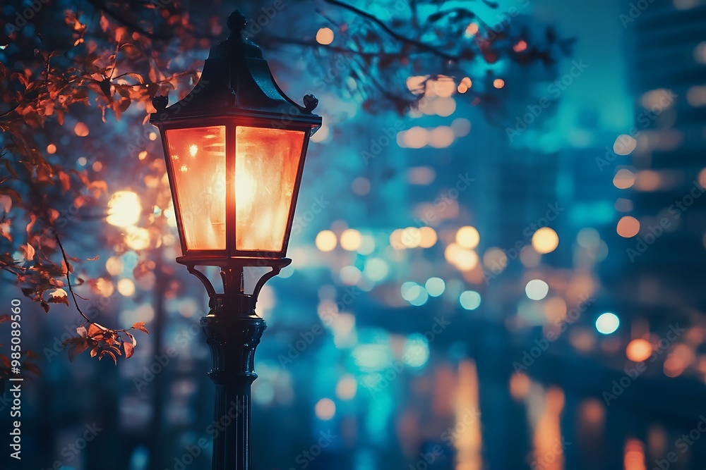 Warm Streetlight Glowing at Night with Blurred City Lights in Background Warm Streetlight Glowing at Night with Blurred City Lights in Background
