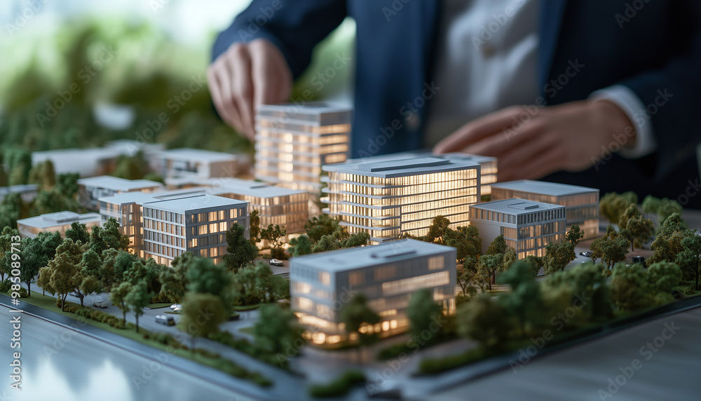 A professional architect meticulously arranging a detailed real estate model surrounded by lush greenery in a bright, modern office space A professional architect meticulously arranging a detailed real estate model surrounded by lush greenery in a bright, modern office space