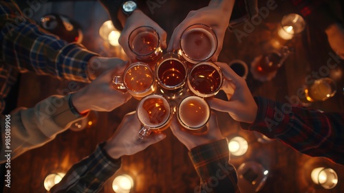 A group of friends raising glasses of beer in a toast, seen from a top-down perspective