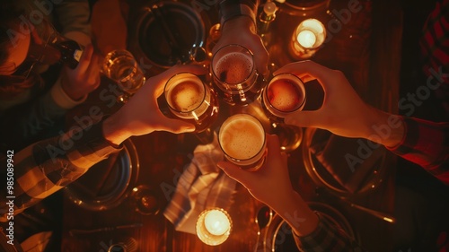 A group of friends raising glasses of beer in a toast, seen from a top-down perspective