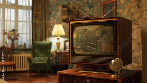 A retro television set with a green-tinted screen sits in a cozy living room