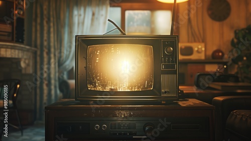A vintage television set emits a warm glow in a retro living room