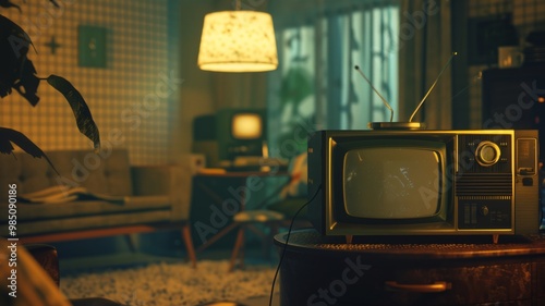 A cozy vintage living room with a retro television in the foreground