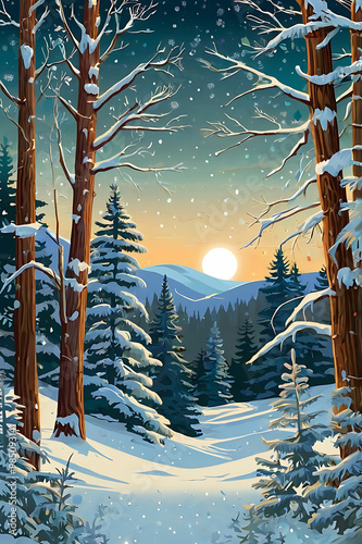 Serene Winter Forest with Snow-Covered Pine Trees, Golden Sunset, and Footprints in the Snow: Magical Digital Illustration with Falling Snowflakes in a Painterly Style
