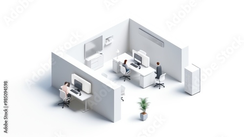 Isometric view of a modern office with three people working at desks.