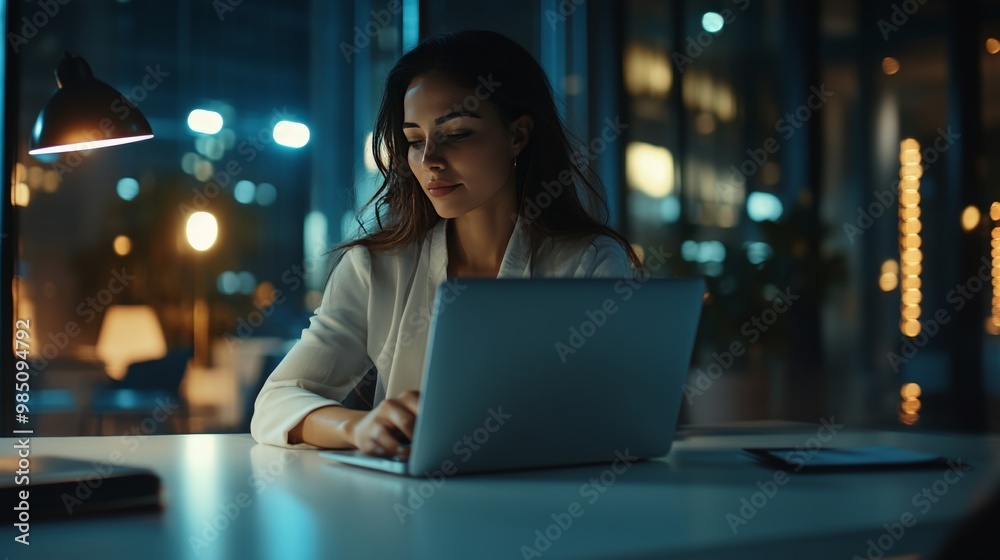 Young hispanic it specialist using laptop in modern office for online business tasks Young hispanic it specialist using laptop in modern office for online business tasks