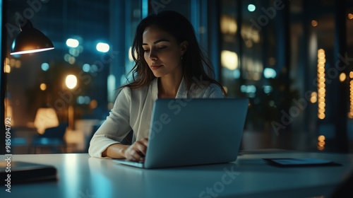 Young hispanic it specialist using laptop in modern office for online business tasks