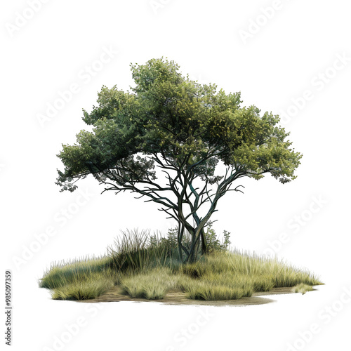 A single tree stands on a grassy mound, isolated against a white background. Its green leaves and branches create a natural scene. photo