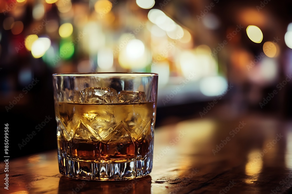 Glass of whiskey with ice cubes on bar counter. Alcoholic drink in bar setting with blurred background Glass of whiskey with ice cubes on bar counter. Alcoholic drink in bar setting with blurred background