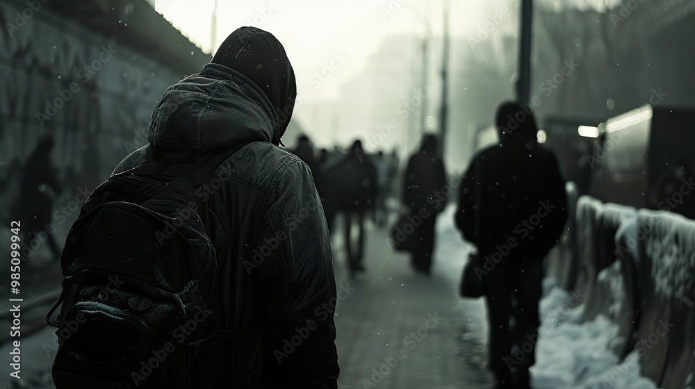 A lone figure walks through the city streets, a sense of solitude and anonymity pervades the image. A lone figure walks through the city streets, a sense of solitude and anonymity pervades the image.