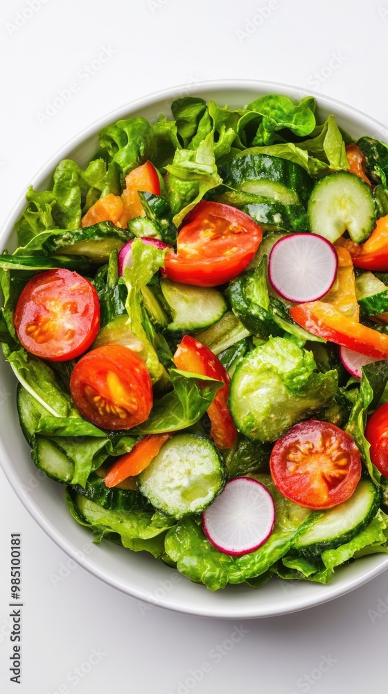 Salad with fresh summer vegetables top view on white background. Natural organic healthy vegetarian food Salad with fresh summer vegetables top view on white background. Natural organic healthy vegetarian food
