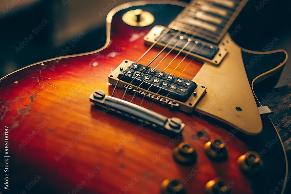 Closeup of a classic electric guitar with sunburst finish.  Music, rock, and roll concept.