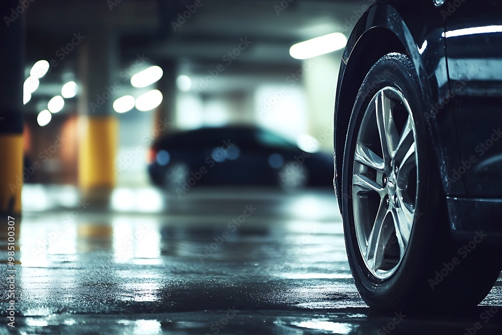 Closeup of car tire in wet underground parking garage Closeup of car tire in wet underground parking garage