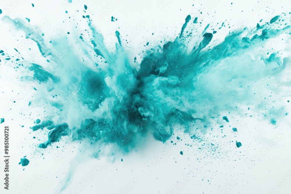 Turquoise paint explosion splash abstract background. Colorful cloud, dust explode on white