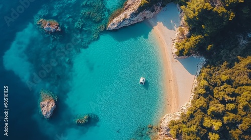 Fototapeta Naklejka Na Ścianę i Meble -  Breathtaking aerial view of lalaria beach in skiathos, greece with crystal clear turquoise waters