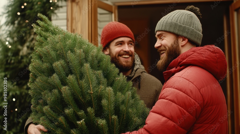 Two men holding a christmas tree in front of their house, AI Two men holding a christmas tree in front of their house, AI
