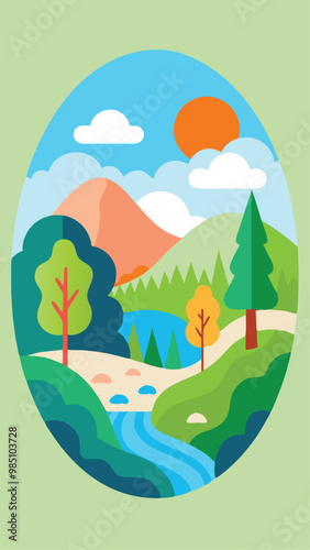 Nature and landscape. Vector cute modern abstract trendy gouache illustrations of trees, park, field, river, forest, hills, sky, clearing, bush for poster, background or card 